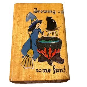 Rubber Stamp “Brewing Up Some Fun” Wood Block Halloween Crafting Tool